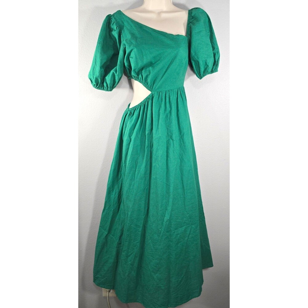 All About May Maxi Dress Size 4 Green Linen Blend Side cut out Milkmaid boho BZ